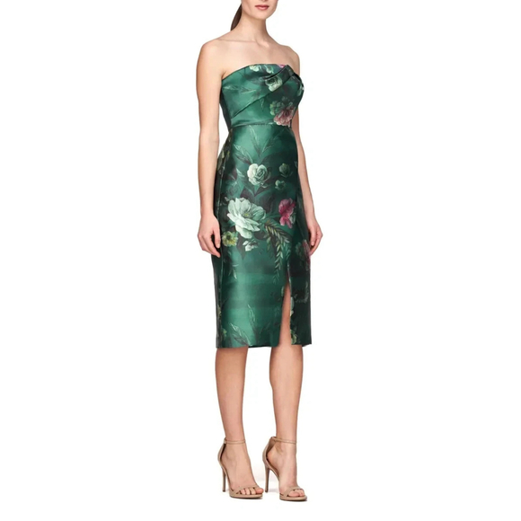 Kay Unger Floral Mikado Strapless Bodice Faux Wrap Front Slit Dress Size 6 - Picture 3 of 7